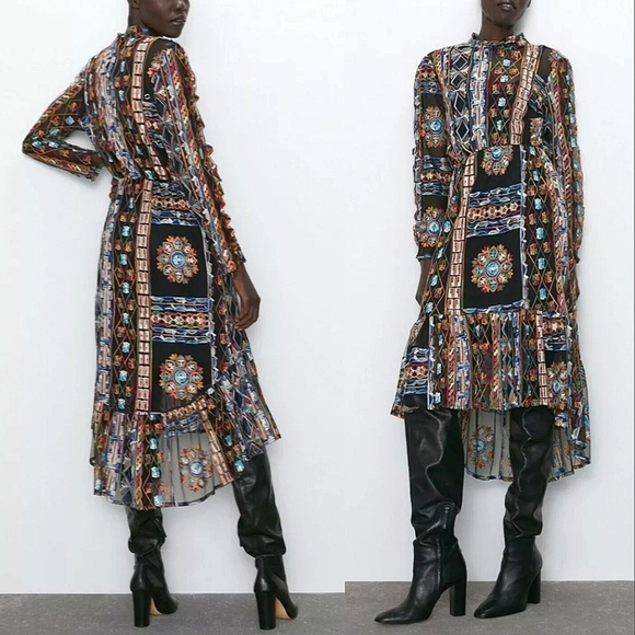 Zara Embroidered Mesh Sheer Midi Dress Hi-Lo Hem Long Sleeve with Slip Dress- S - Picture 1 of 16